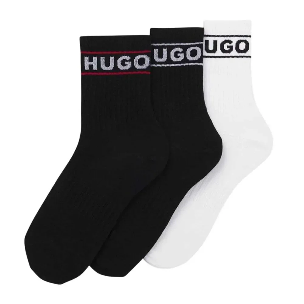 Hugo Mens Qsrib Sporty Lettering Crew Socks (Pack of 3) / White/Black